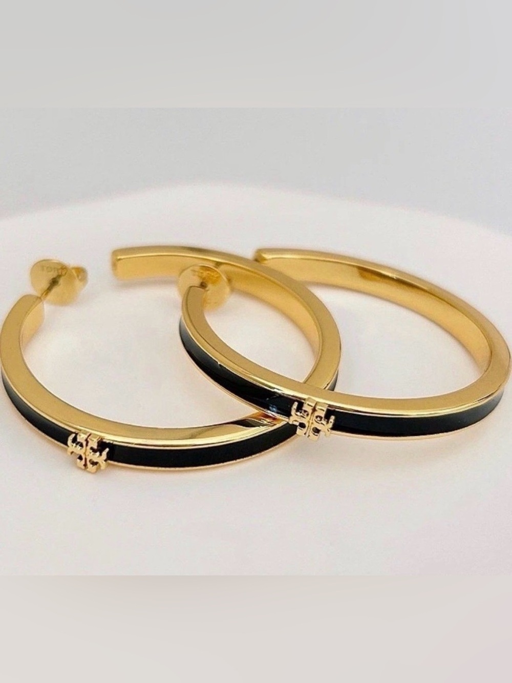 Tory Burch Gold LargeHoop Earrings with Black Enamel - Picture 6 of 6
